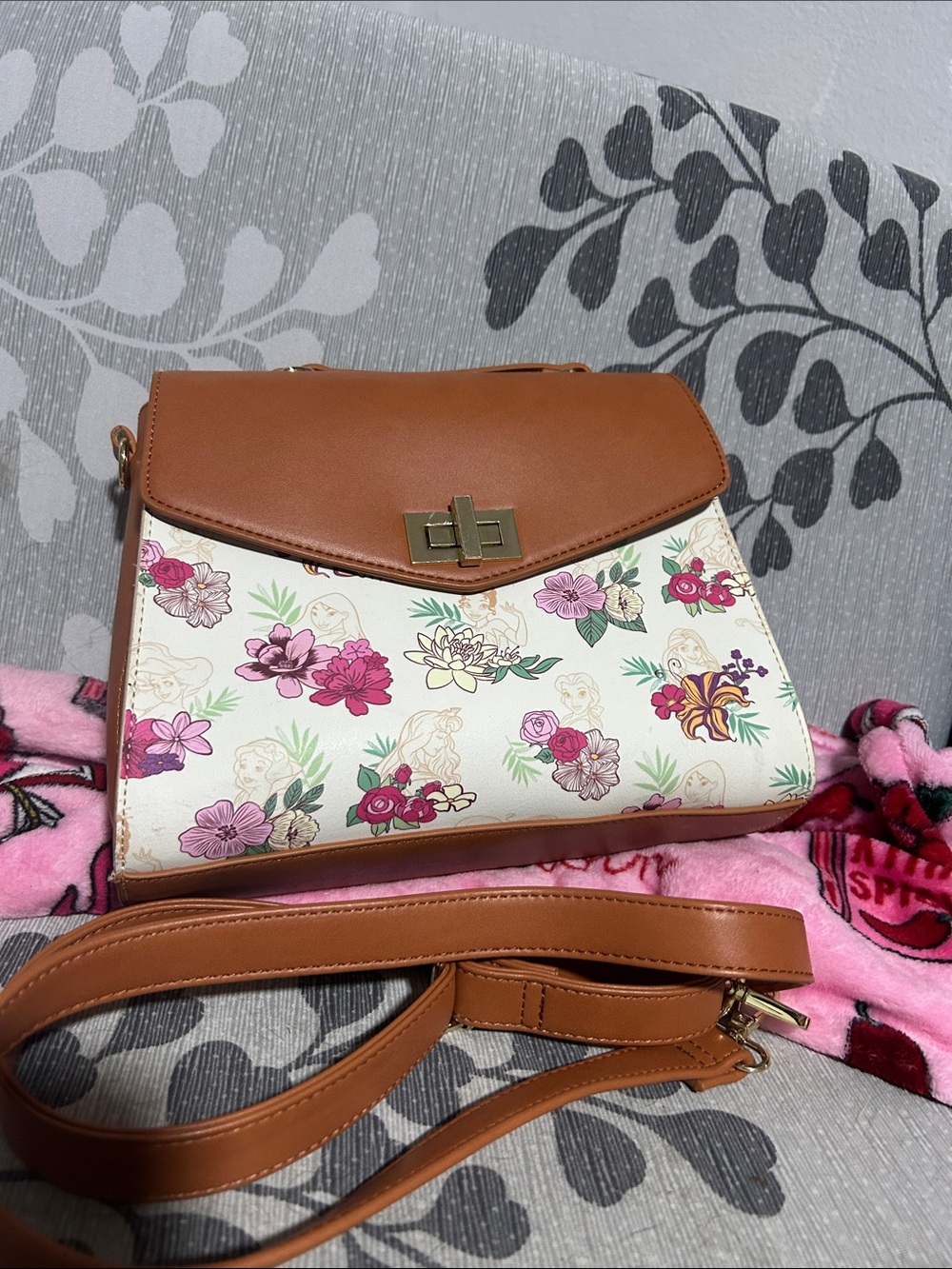 Loungefly Tan Floral Crossbody with Pink & Green Accents